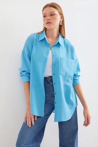 Defymoda 20153 Tek Cepli Oversize Keten Gömlek - Açık Mavi Açik Mavi