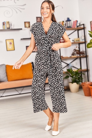 Armonika Kadın Siyah Küçük Çiçekli Kruvaze Beli Kemerli Tulum Arm-22y001099