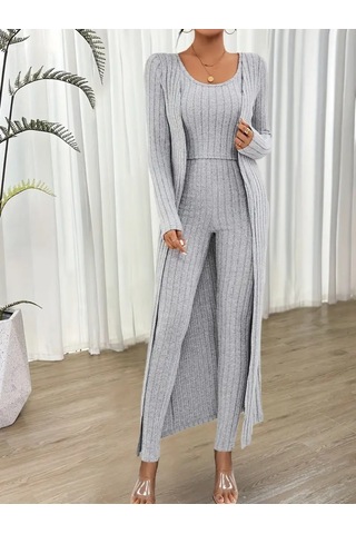 Kadın Yuvarlak Yaka Askılı Krop Bluz Yüksek Bel Tayt Ve Uzun Hırka Şardonlu Kaşkorse Üçlü Takım Gri