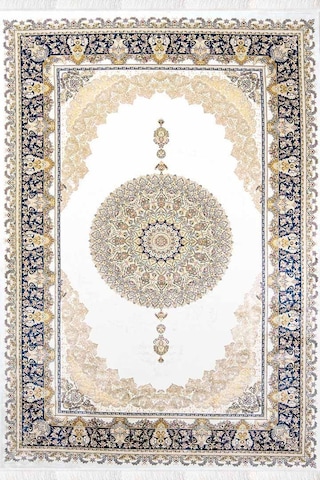 Enti Herat 2804 Mavi Klasik Salon Halısı Çerçeveli Göbekli Parlak Dokuma Lüks Vintage Halı Mavi