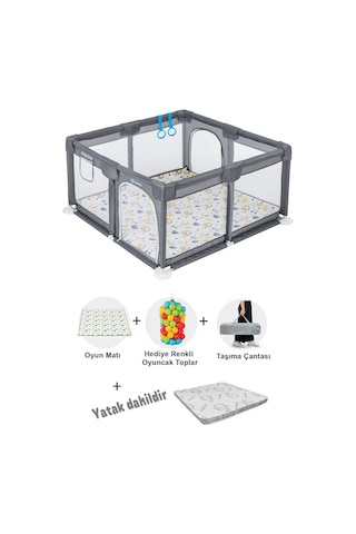 Playard Güvenli Bebek Ve Çocuk Oyun Alanı Oyun Parkı 120x120 Oyun Matı Topları Ve Yataklı Gri