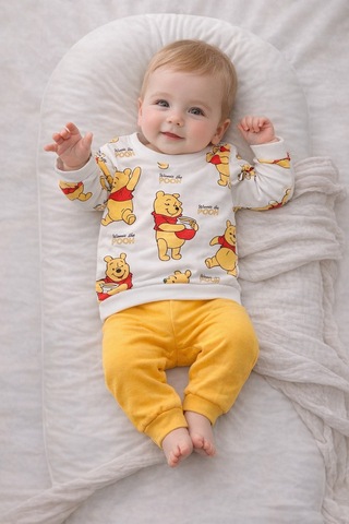 Mou&kou %100 Pamuk Baskılı Bebek Takımı 6-12-18 Ay Uzun Kollu Sweatshirt Pantolon 2 Li Set Sarı