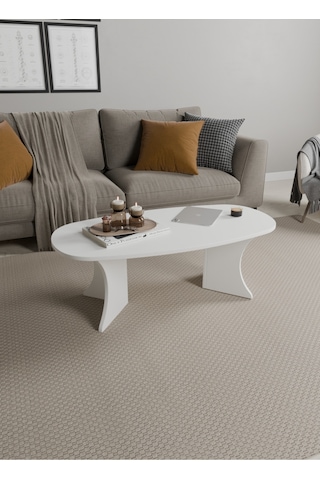 Oval Orta Sehpa Geniş Yüzeyli, Stabil Ayaklı Modern Salon Sehpası Beyaz