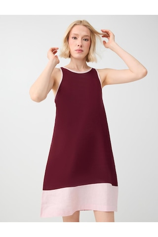 Jimmy Key Bordo %100 Keten Yuvarlak Yaka Kısa Elbise 6sw067243562