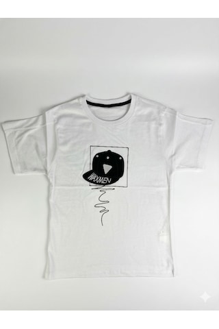 Erkek Çocuk Beyaz Şapka Baskılı Tişört - Grafik Desenli Pamuklu Kısa Kollu T-shirt Beyaz