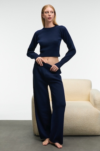 Grımelange Marıposa Kadın Yuvarlak Yaka Çizgi Desenli Crop Geniş Paça Triko Lacivert Alt-üst Takım Lacivert