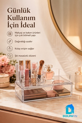 Çekmeceli Podyum Kozmetik Organizer Şeffaf Makyaj Takı Ruj Oje Pamuk Düzenleyici