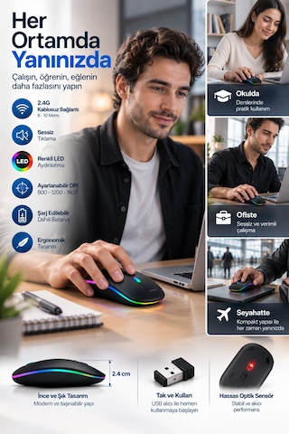 Shnstore Ofis Ev Okul Kullanımına Uygun Şarjlı Kablosuz Mouse Shntknd0720