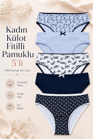 Nicoletta Kadın Külot 5 Li Paket Likralı Pamuklu Kaşkorse Mavi
