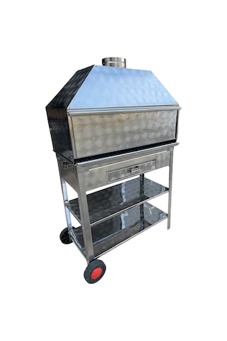 Paslanmaz Kömürlü Mangal 40 X 80 Cm Bacalı Barbekü Çekmeceli Tekerlekli Gri