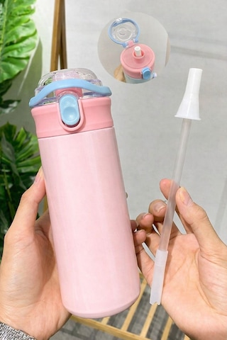 304 Çelik Pembe 500 Ml Kulplu Pipetli Çocuk Matara Suluk Mt241pm Pembe