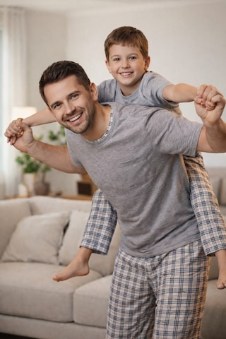 Rindahomewear Gri Melanj Kısa Kol Baba-oğul Cepli Pijama Takım Gri Melanj-80502