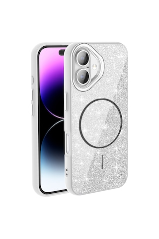 Apple Uyumlu iPhone 17 Kılıf M-safe Şarj Özellikli Parlayan Simli Okso Kılıf Beyaz