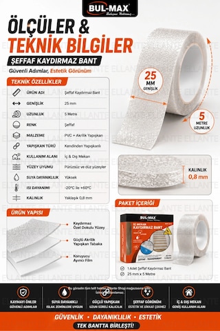 Şeffaf Kaydırmaz Bant 25 Mm X 5 Metre Kendinden Yapışkanlı Merdiven Banyo Havuz Kaydırmaz Güvenlik B