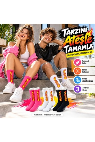 Teorastore Unisex Alev Desenli Çorap 3'lü Set Pamuklu Uzun Soket Dikişsiz Nefes Alan Günlük Spor Çorabı Yumuşak Çok Renkli