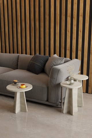 Alpa Ev Mobilya 3 Lü Mantar Zigon Sehpa Seti Modern Yuvarlak Tasarım, Dekoratif İskandinav Stil Traverten