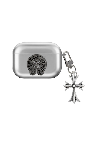 Caseonn Apple Uyumlu Airpods Pro 3 Kılıf Chrome Hearts Metalik Görünümlü Gotik Haç Figürlü Gümüş
