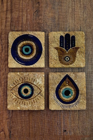 Doğal Taş Bardak Altlığı 10x10x1 Cm Nazar Boncuğu Desenli - Stone Coasters Çok Renkli