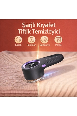 Polham Şarjlı Kıyafet Tiftik Temizleyici Dijital Ekranlı, Güçlü Motor,altı Bıçaklı Paslanmaz Çelik Siyah