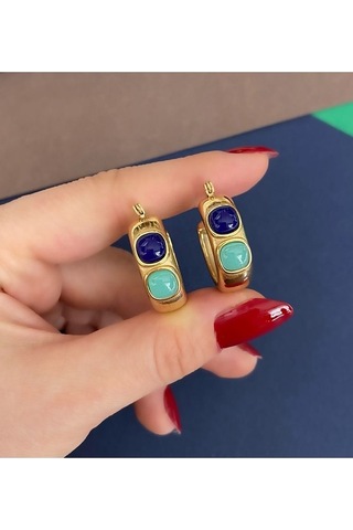 Turkuaz - Mavi Mineli Halka Gold Çelik Kararmaz Küpe Çifti Altın