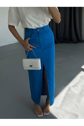 Dogutrend Gabardin Uzun Önden Yırtmaçlı Etek - Saks