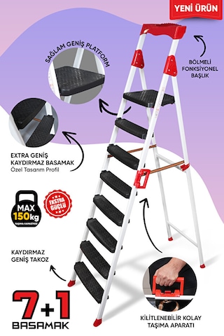 Elegance 7+1 Geniş Basamaklı Kolay Taşıma Aparatlı Merdiven Kaliteli Paslanmaz 7+1 Basamaklı