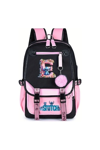 Honeybeeshop E Dısney Stitch Büyük Kapasiteli Sırt Çantası Pembe Siyah Ayarlanabilir Askılıklar Dayanıklı Polyester Okul Seyahat E