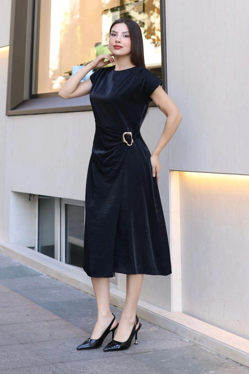 Lodmela Toka Ve Drape Detaylı Soft Saten Midi Elbise 6042-siyah Siyah