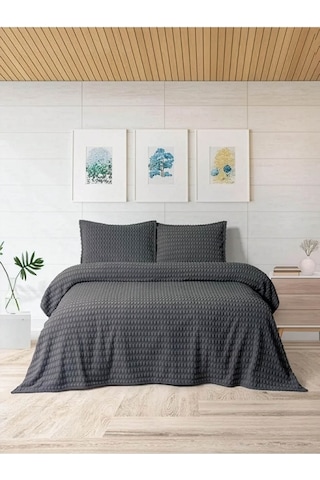Merinos Modern Line Twist 3 Parça Çift Kişilik Battaniye Seti - A Antrasit