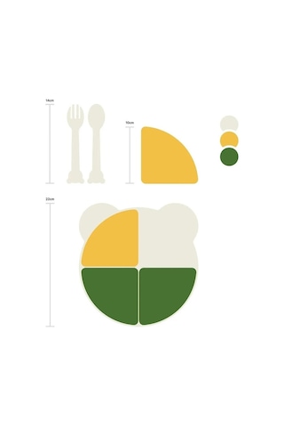4 Bölmeli Çıkarılabilir Ayıcık Desenli 7 Parça Mama Yemek Tabağı ve Çatal Kaşık Seti Bpa Free Yeşil - Sarı