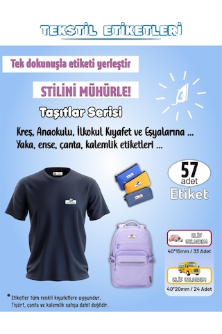 Taşıtlar Serisi - 1 Kreş Anaokulu İlkokul Kıyafet Eşya Yaka Ense İsim Etiketi 57 Adet Karışık