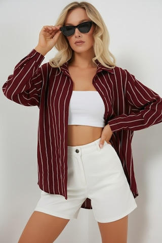Bigdart Kadın Çizgili Oversize Gömlek 20293 - Bordo
