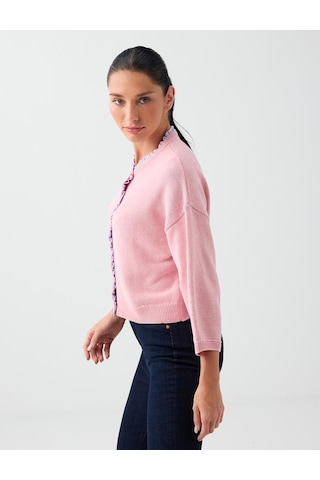 Jimmy Key Açık Pembe Yuvarlak Yaka Fırfır Detaylı Triko Hırka 6ww108281609