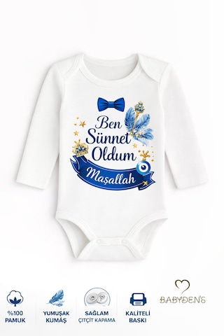 Babyden's Sünnet Kıyafeti Erkek Bebek Body Pamuk Ben Sünnet Oldum Maşallah Baskılı Zıbın Uzun Kol Body Beyaz