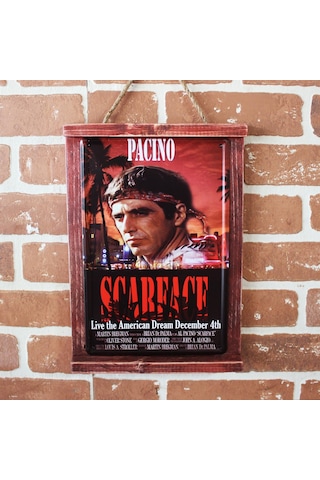 Rustik Ahşap Çerçeveli Vintage Metal Pano Scarface 20x30