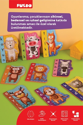Puedo İlk Kelimelerim Eva Puzzle Hayvanlar 41 Parça Eğitici 3+ Çocuk Oyuncak Seti
