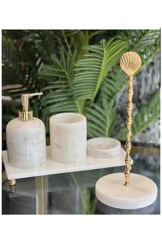 Dekoratif Doğal Beyaz Mermer 5 Parça Banyo Seti / Rulo Havluluk Gold Deniz Kabuğu Altın - Beyaz