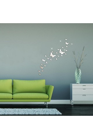 30 Adet/set Modern 3d Ayna Akrilik Kelebek Ev Dekorasyonu Kendin Yap Sanat Duvar Çıkartmaları Gümüş