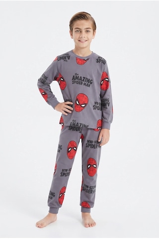 Bunny Hopp Erkek Çocuk Uzun Kollu Pijama Takımı %100 Pamuk Kırmızı Maske Desenli Penye Gri