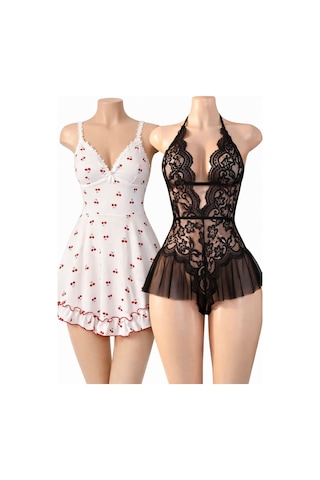 Albonishop Kadın Siyah Dantel Transparan Fantezi Babydoll Gecelik Derin V Yaka Tül Detaylı Seksi İç Giyim Çok Renkli