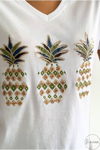 Cassime Kadın Büyük Ananas Pul Payet Işlemeli %100 Pamuk Kısa Kollu V-yaka Tişört Xl-2xl-3xl Beyaz