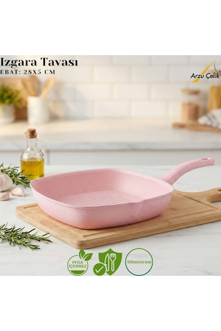28 Cm Granit Izgara Tavası - Pembe Pembe