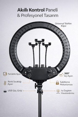 Ring Light Led Işık Halkası 21 Inç 54 Cm Profesyonel Stüdyo Işığı Ve 210 Cm Döküm Ayak Kumanda Çanta Siyah