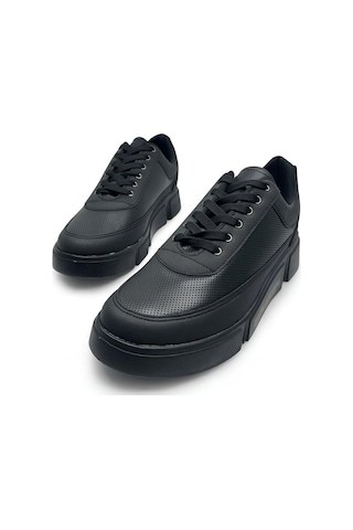 Günlük Erkek Spor Ayakkabı Bağcıklı Dikiş Detaylı Hafif Kalın Yüksek Taban Sneaker Mc06 Siyah Siyah