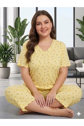 Büyük Beden Kısa Kol Pamuklu Ultrasoft Likralı Kapri Pijama Takımı 8652 Sarı