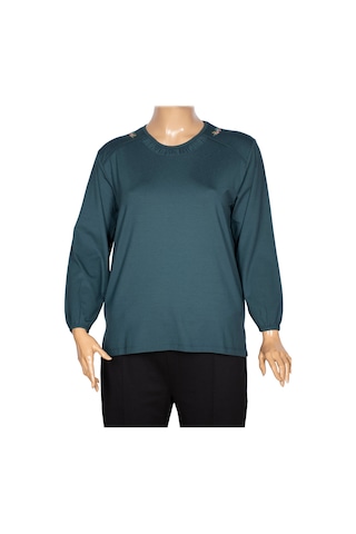 Cimariva Kadın Meyra Büyük Beden O Yaka Nakışlı Koyu Turkuaz Bluz Turkuaz