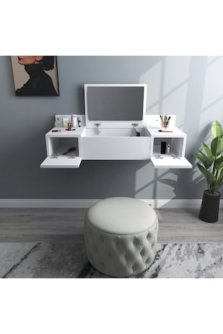 Arnetti Zakkum Aynalı 2 Raflı Dekoratif Makyaj Masası Beyaz