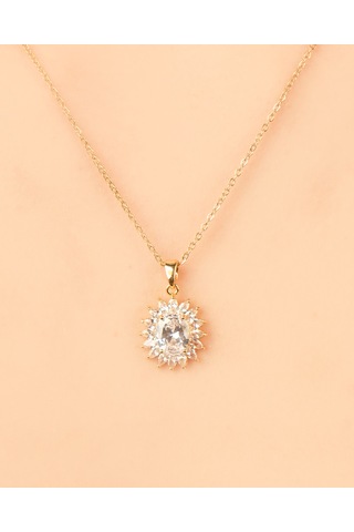 Kadın Kararmaz Çelik Takı Oval Zirkon Taşlı Abiye Kolye