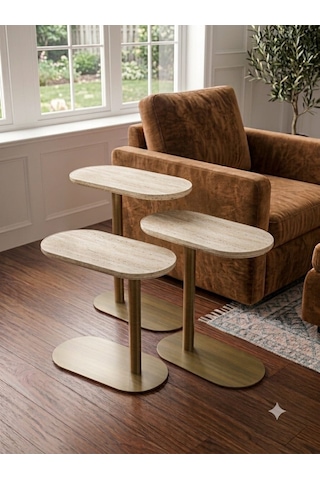 Traverten Renk Üst Tabla , Cappicino Renk Metal Ayaklı 3'lü Zigon Sehpa Seti Salon /koltuk Altı Sehpa Yan Sehpa - C Sehba Modern Sehba Cappuccino - Traverten