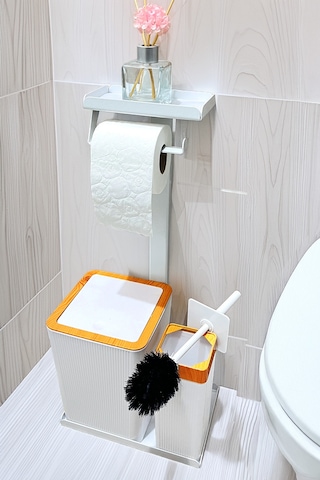 3'ü 1 Arada Banyo Seti Tuvalet Kağıtlık, Çöp Kovası Ve Tuvalet Fırça Takımı Beyaz - Kahverengi